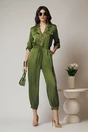 Salopeta casual din satin verde cu nasturi la bust