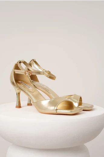 Sandale elegante din piele ecologica aurii cu toc subtire