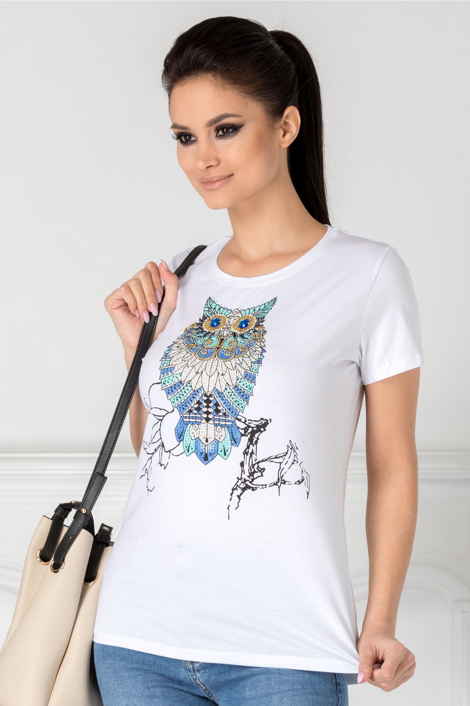 Tricou Emilly alb cu imprimeu bufnita la bust
