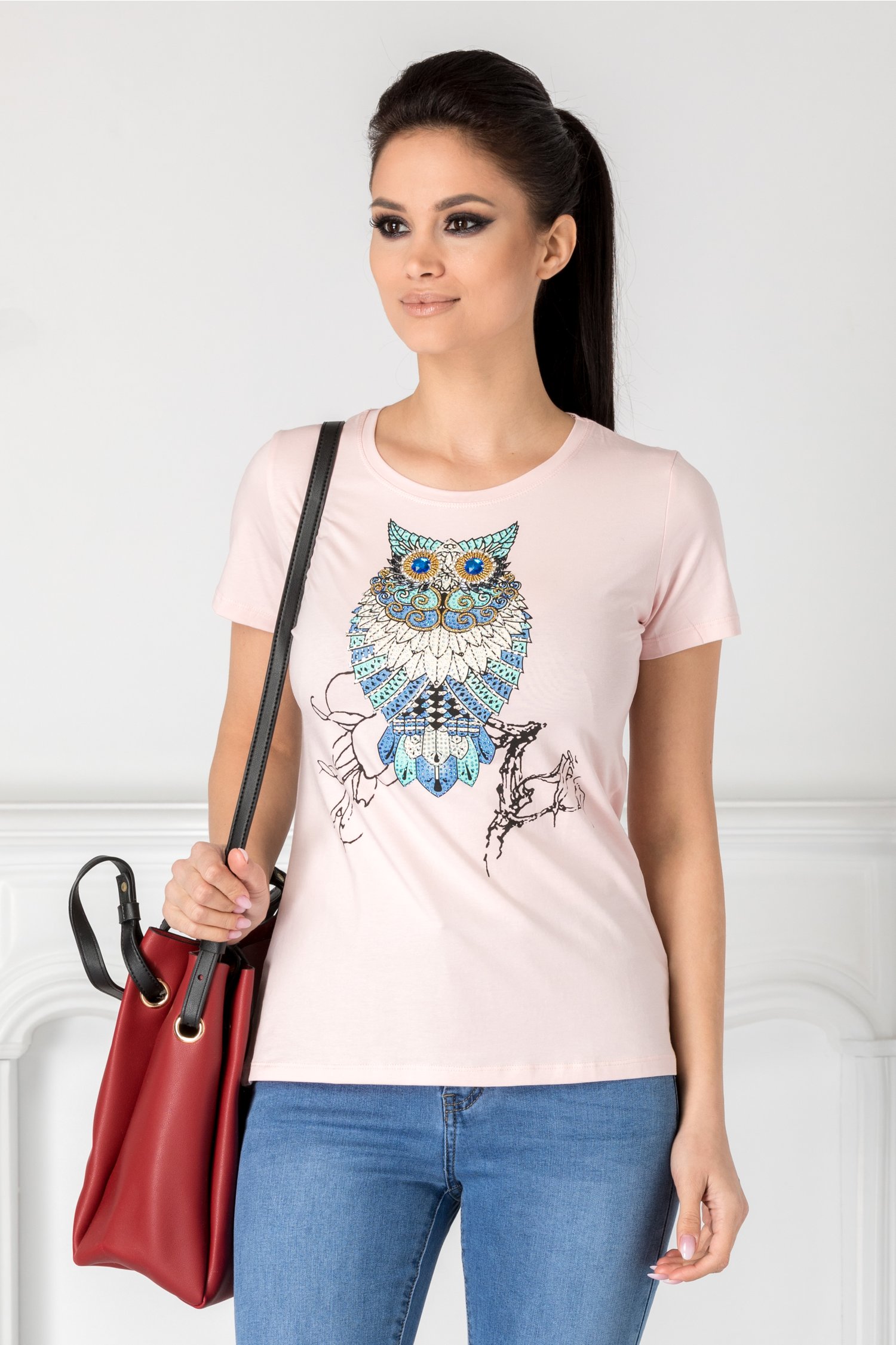 Tricou Emilly roz cu imprimeu bufnita la bust