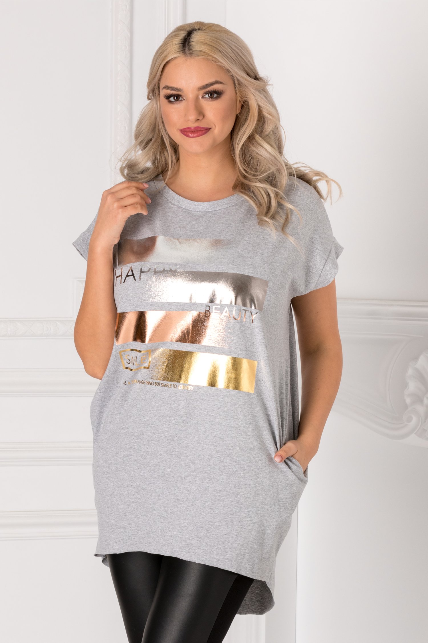 Tricou gri lung lejer cu insertii argintii pe fata
