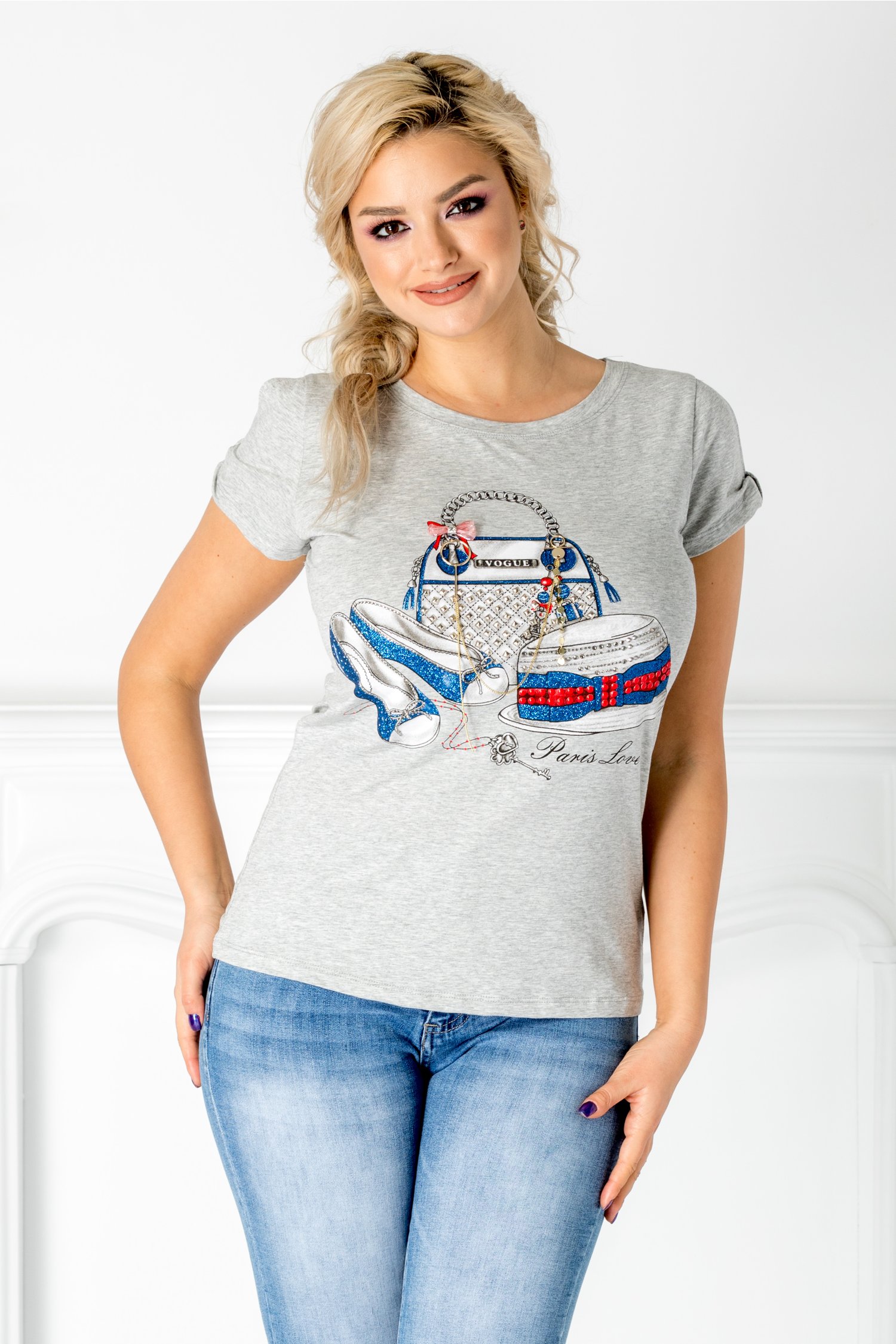 Tricou Hope gri cu imprimeu si insertii la bust