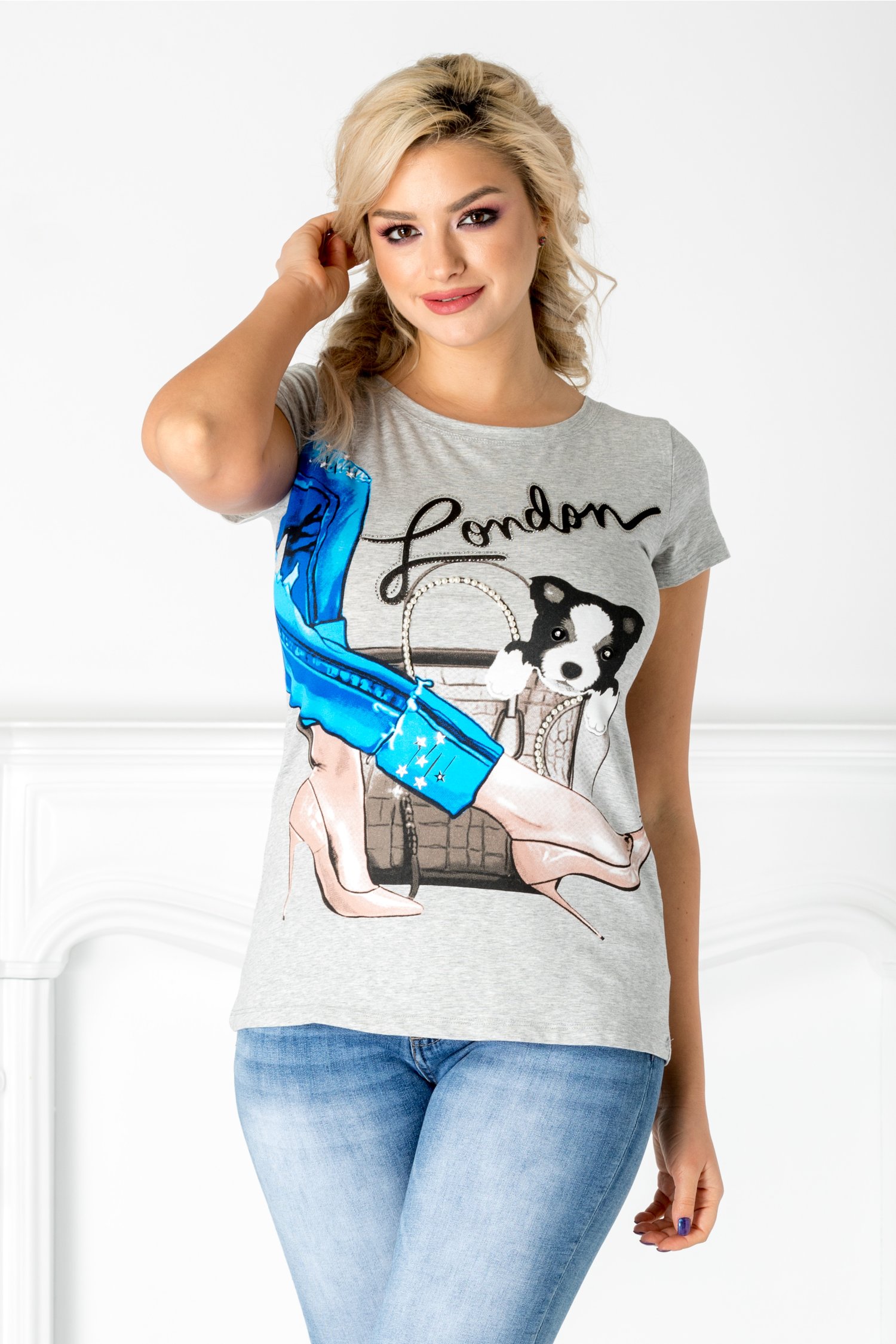 Tricou Lady gri cu imprimeu la bust