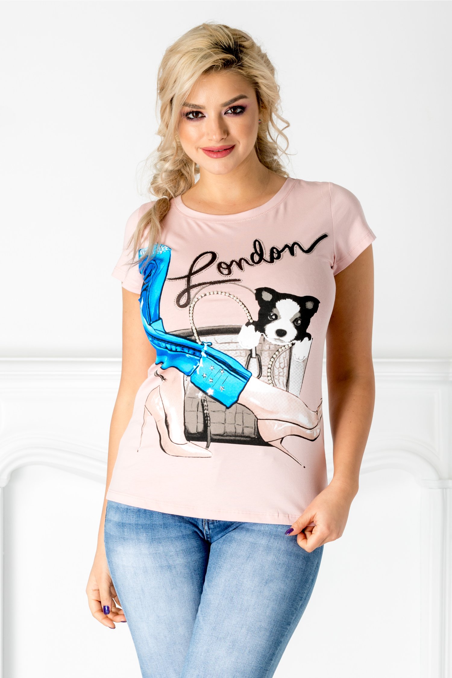Tricou Lady roz cu imprimeu la bust
