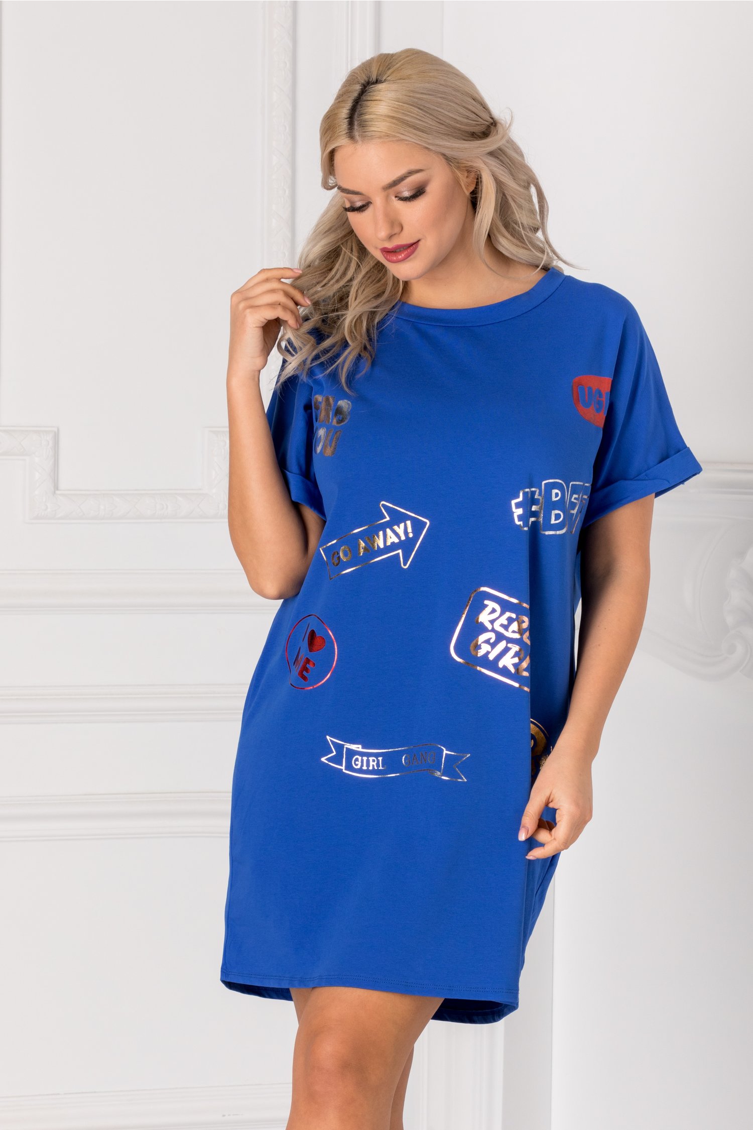 Tricou lung albastru over size cu mesaje pe fata