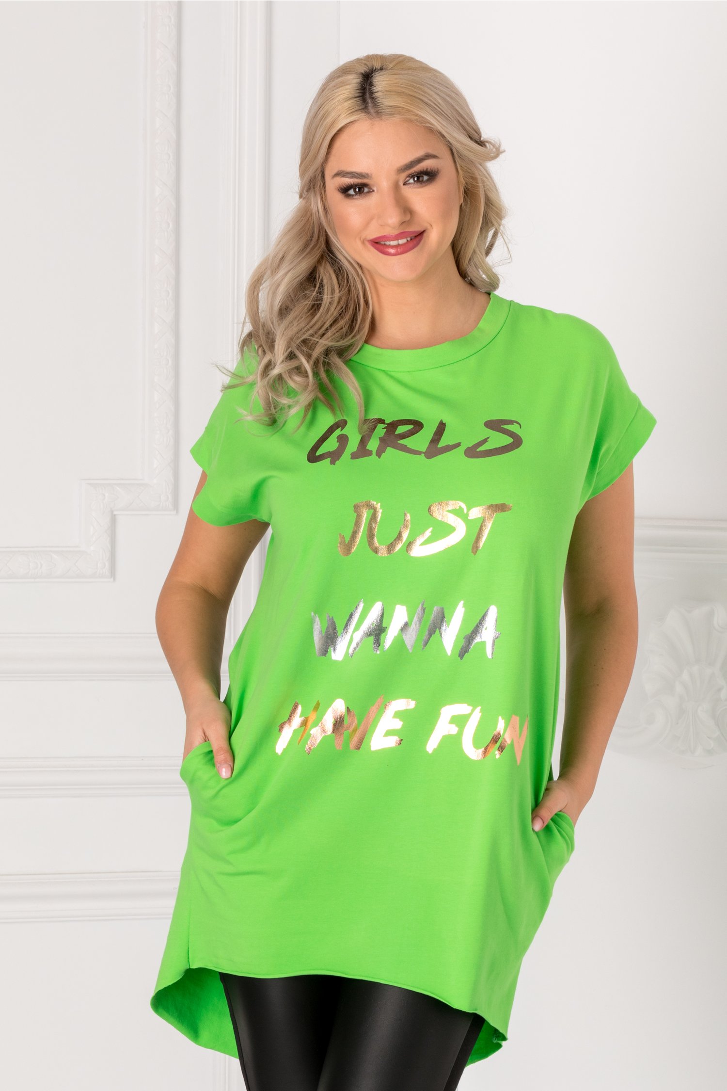 Tricou lung verde lejer cu mesaj pe fata