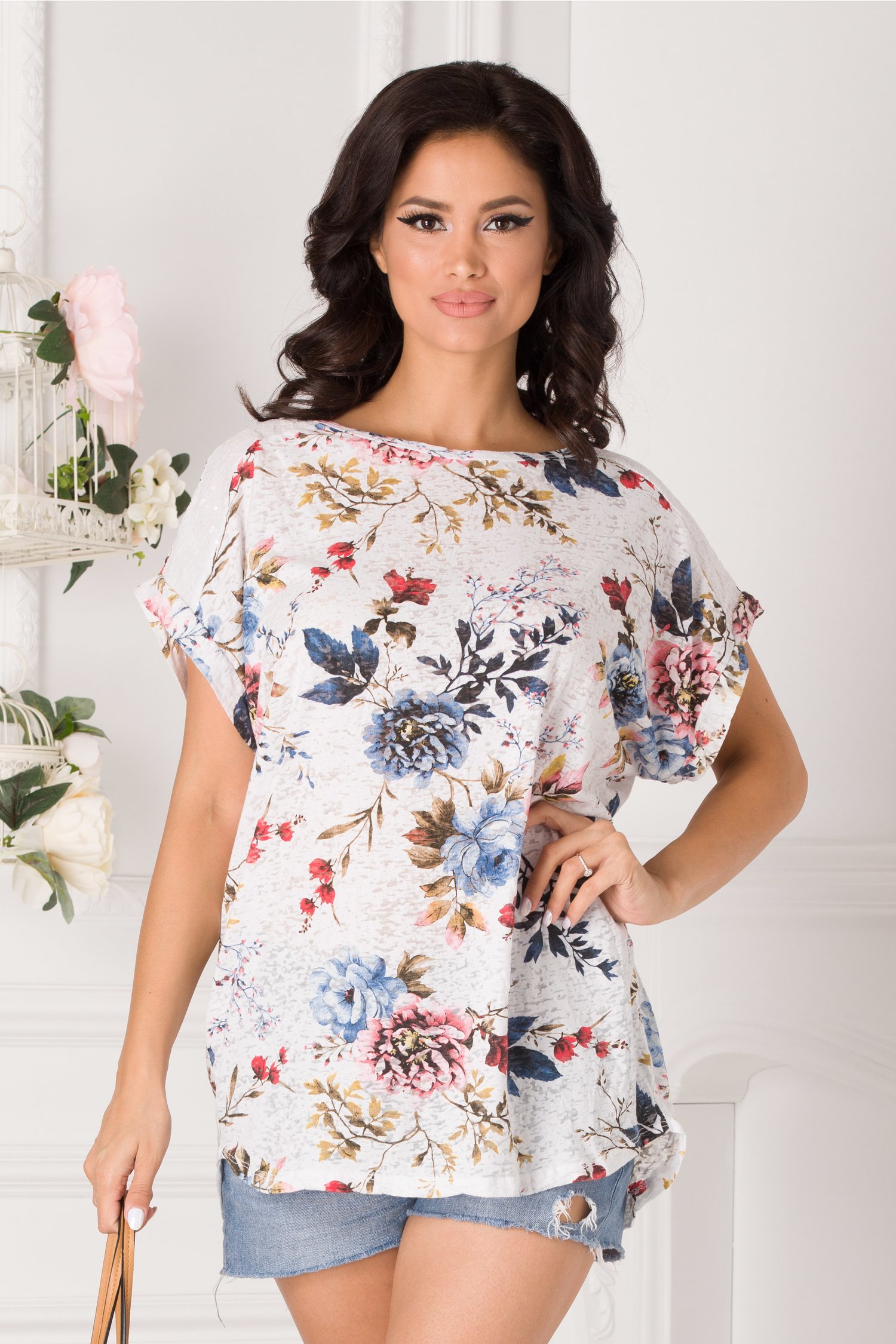 Tricou Marilu alb cu imprimeu floral