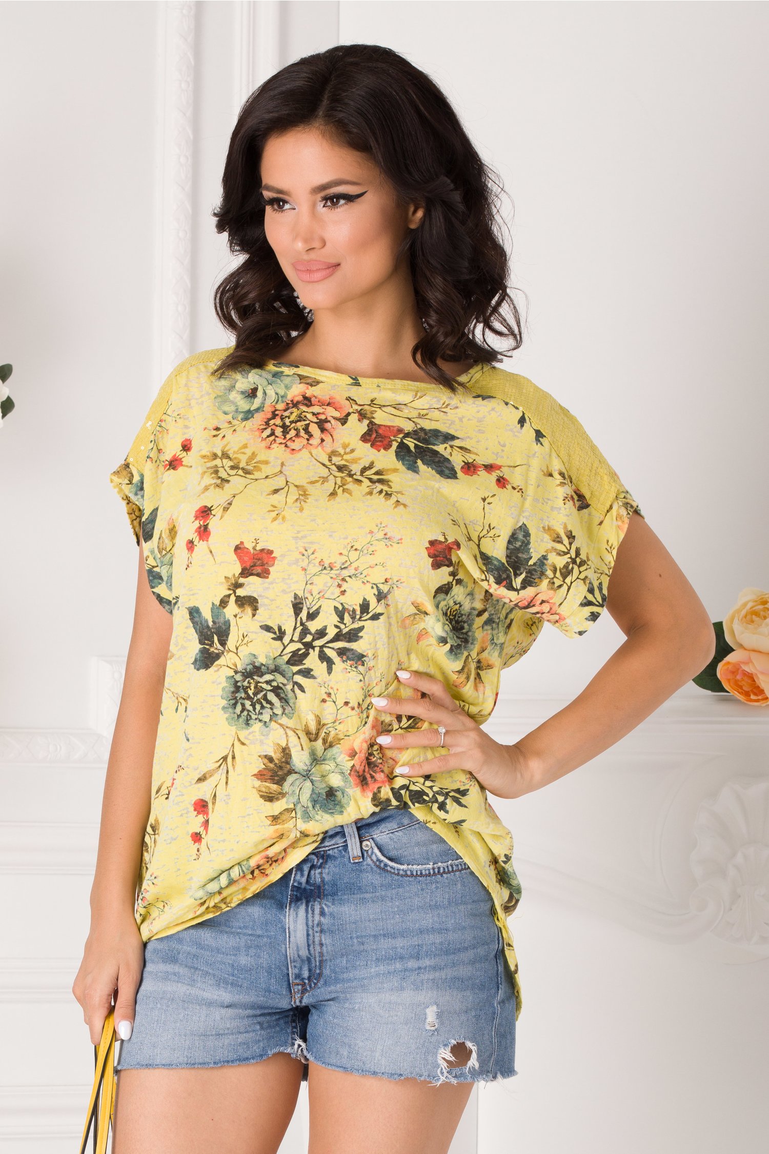 Tricou Marilu galben cu imprimeu floral