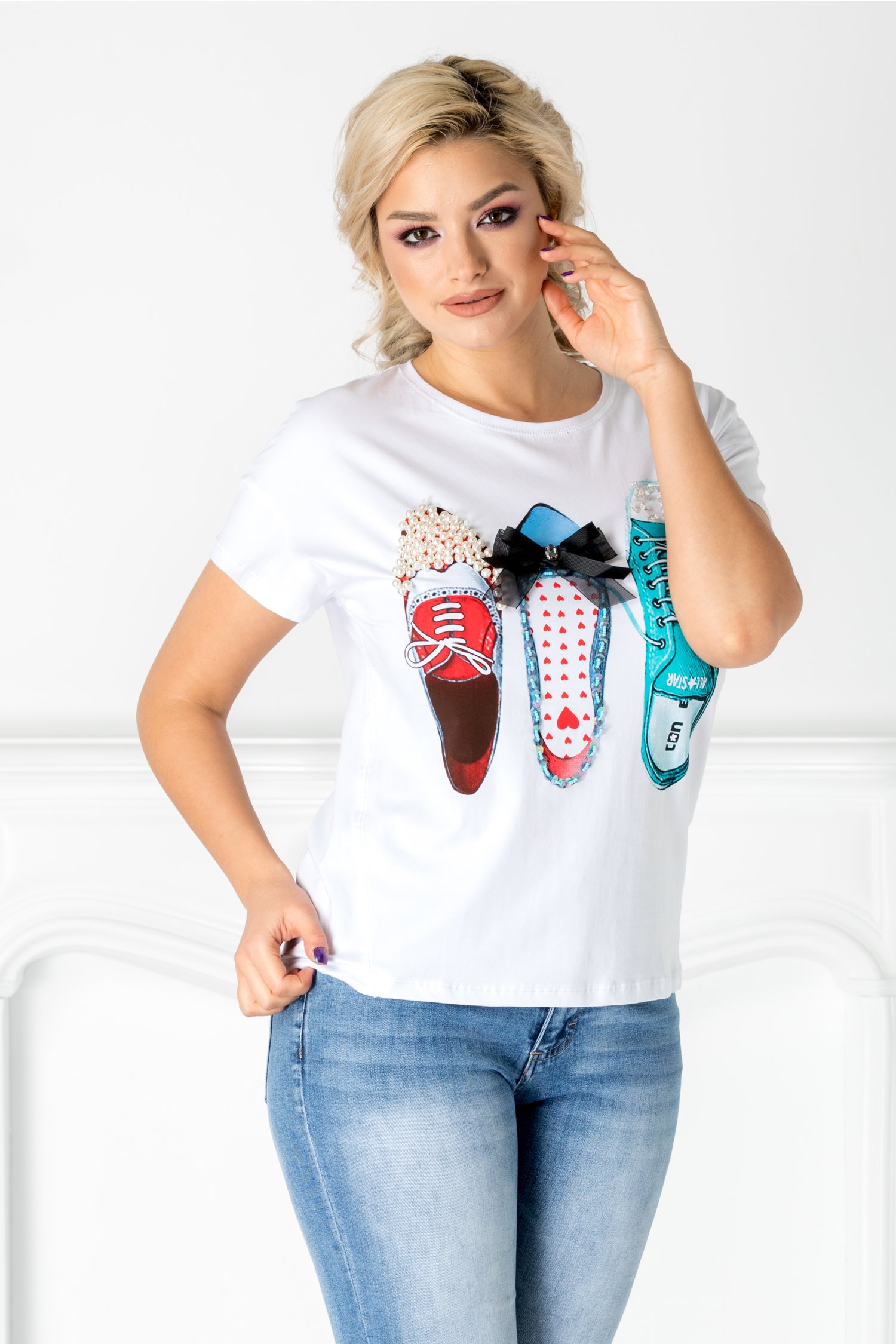 Tricou Miriam alb cu insertii la bust