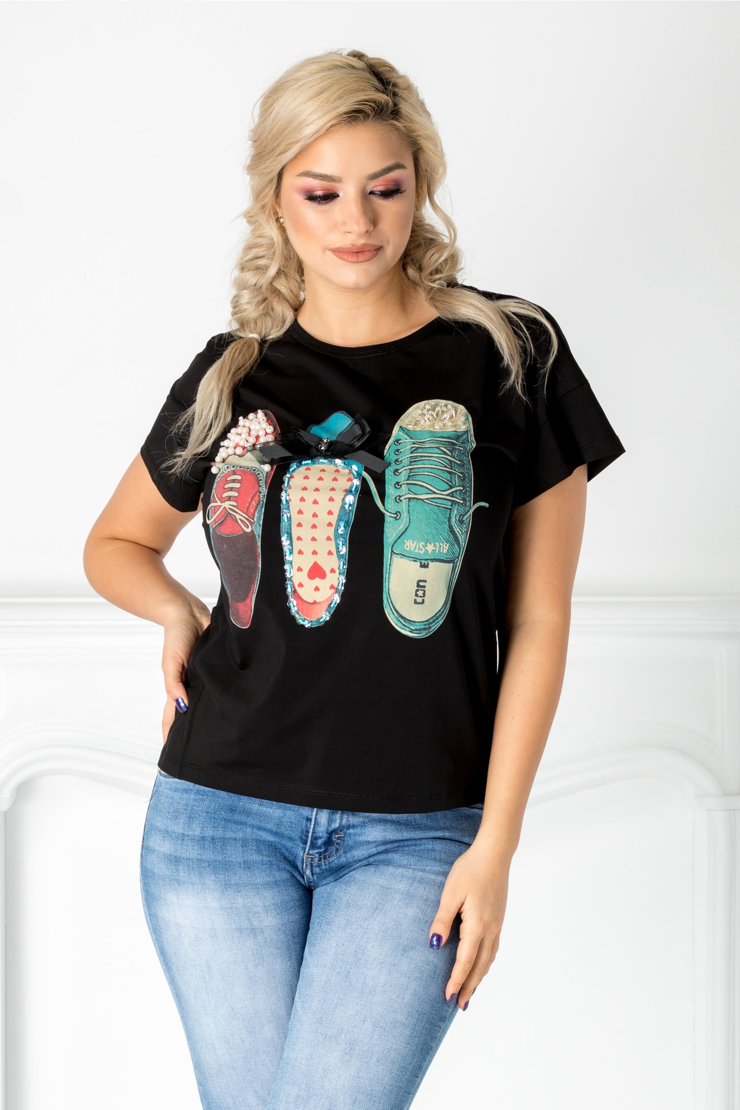 Tricou Miriam negru cu insertii la bust