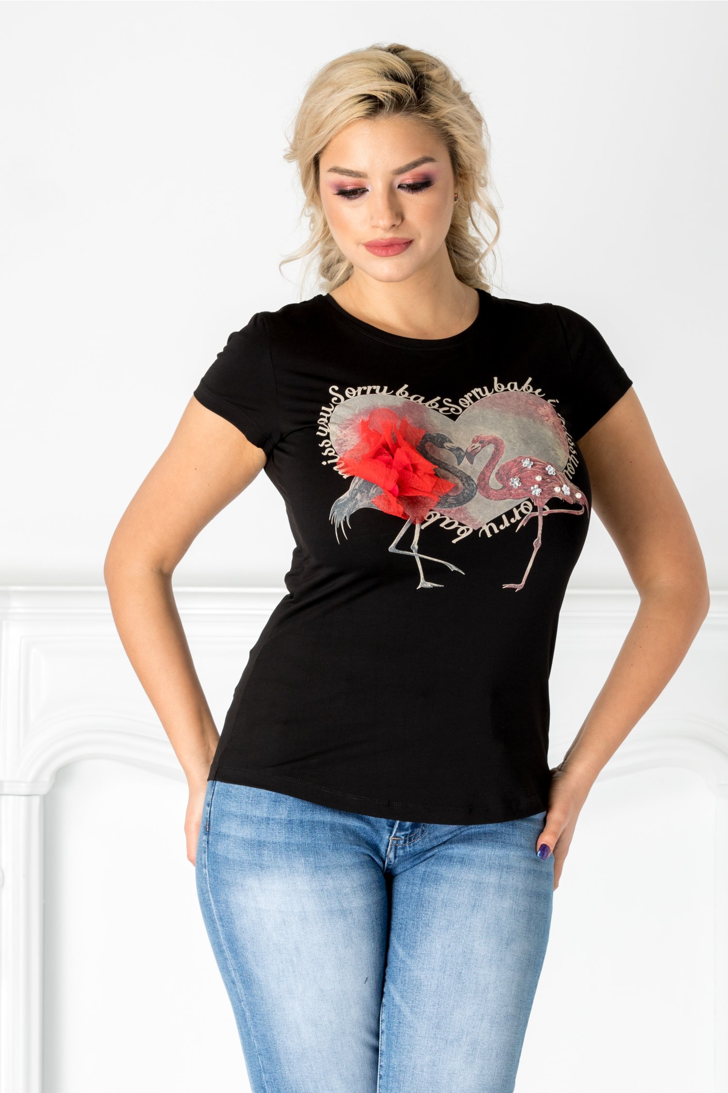 Tricou negru cu flamingo si floare 3D aplicata