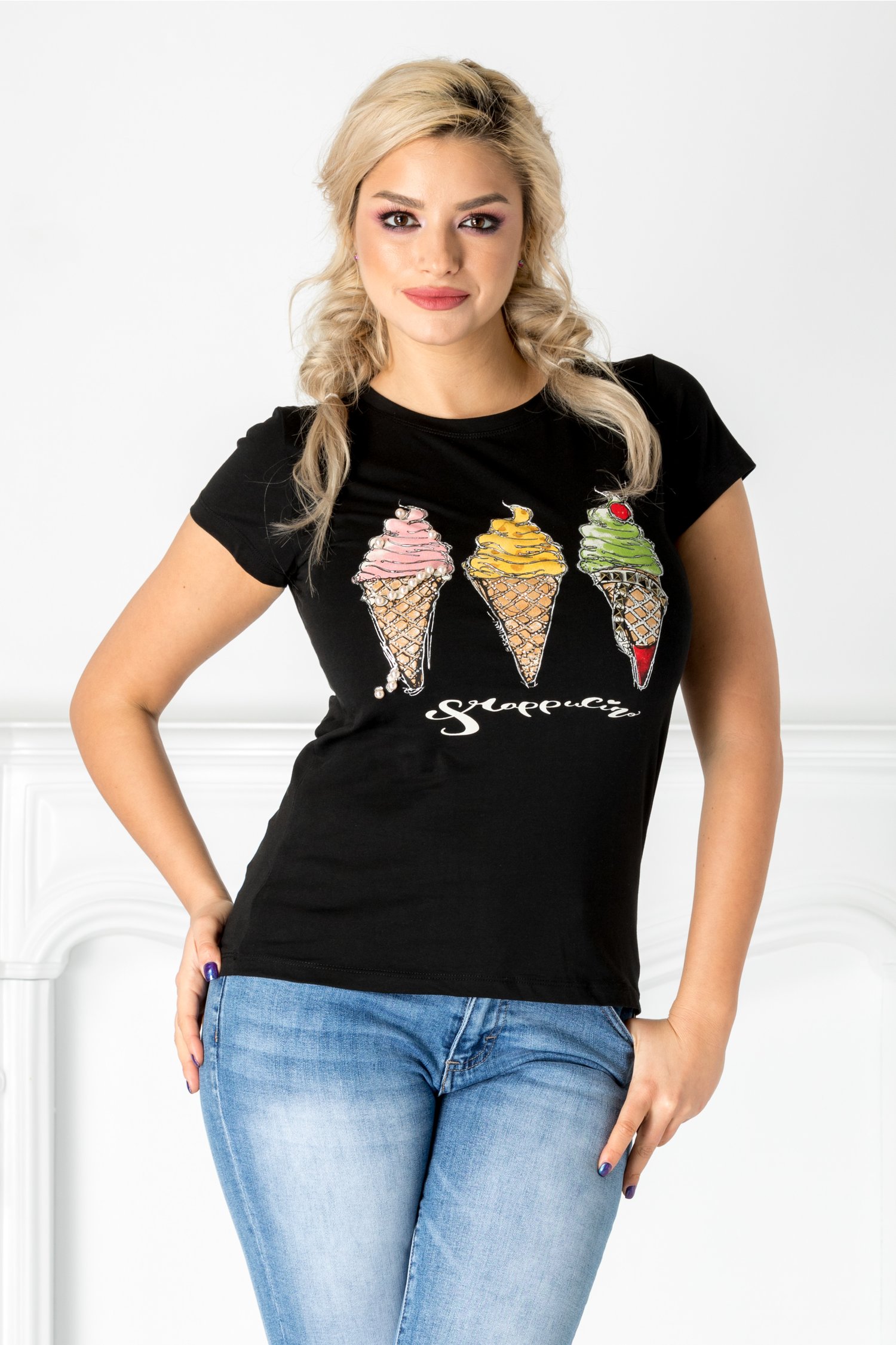 Tricou negru cu inghetata si detalii argintii