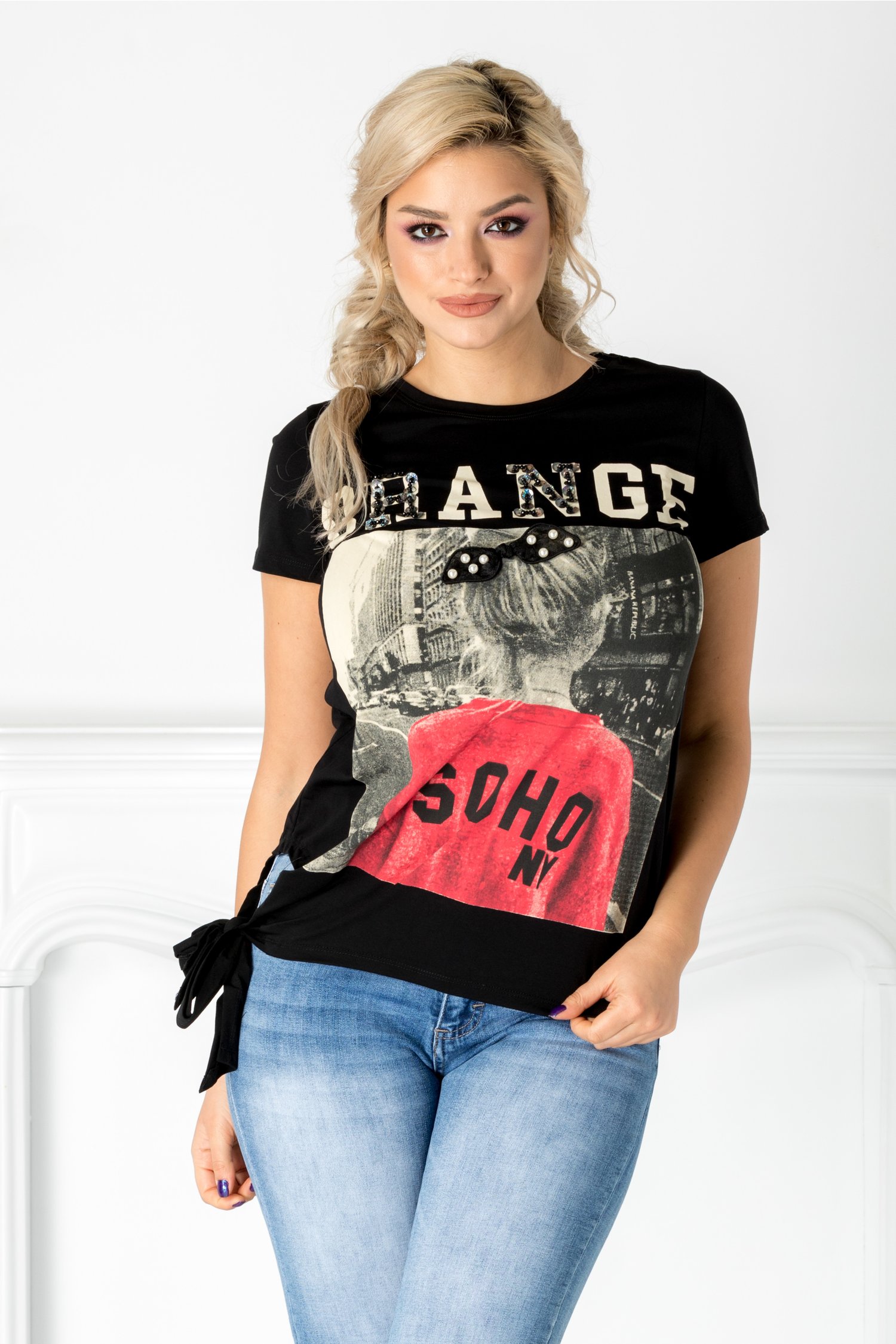 Tricou Oran negru cu imprimeu pe fata si paiete