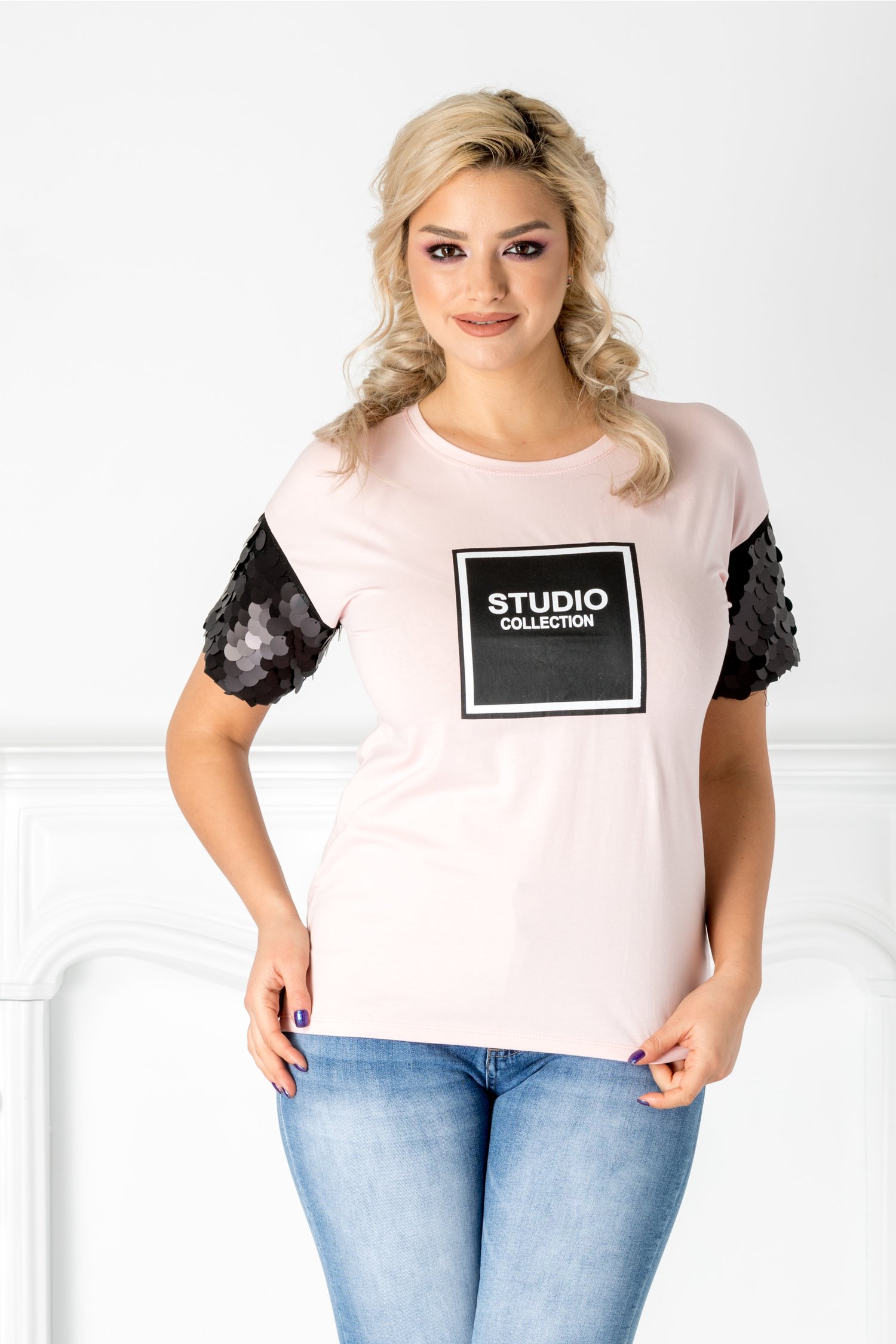 Tricou Parmy roz cu maneci din paiete