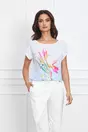 Tricou Sandra lejer alb cu imprimeu floral multicolor si baza bleu