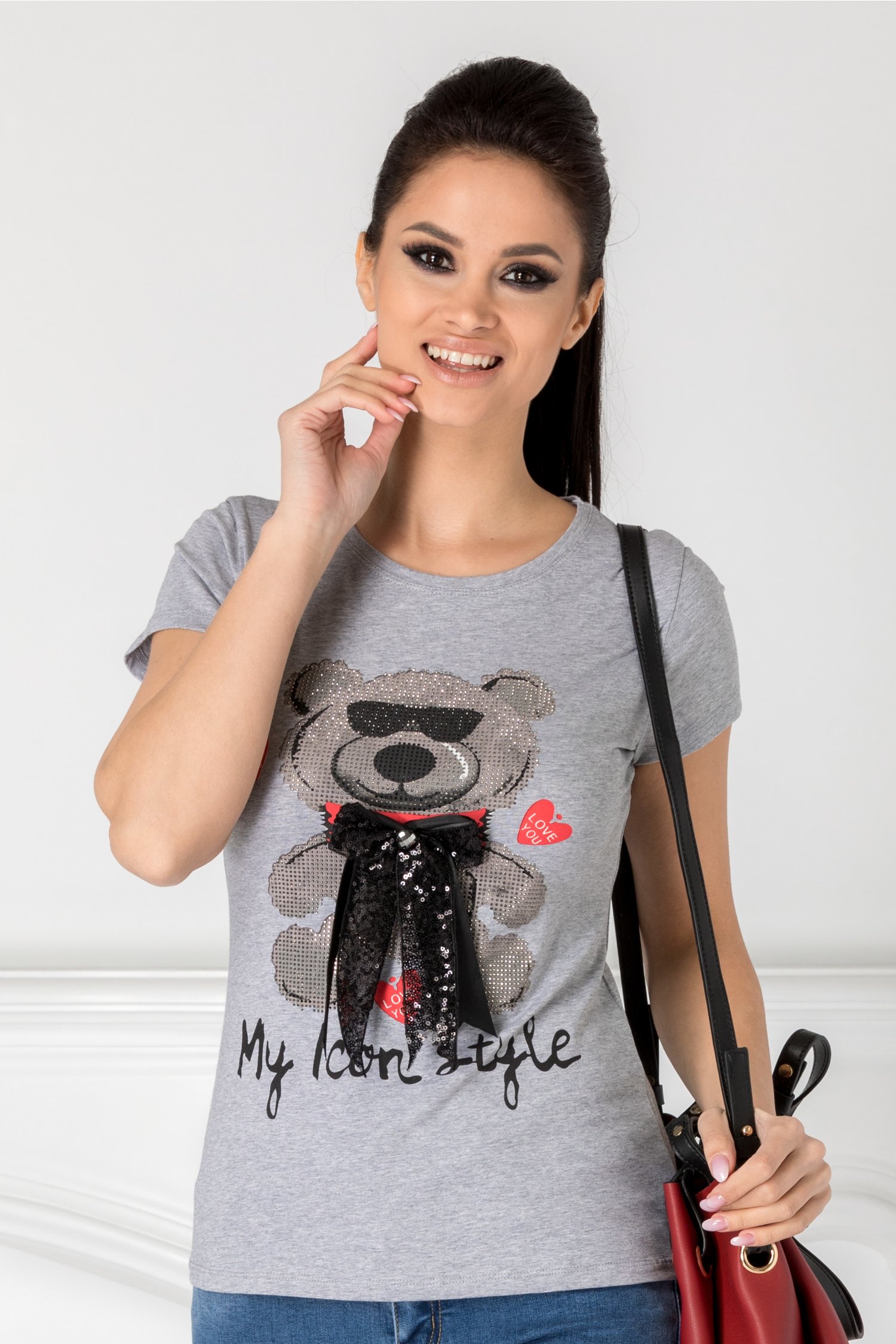 Tricou Teddy gri cu ursulet si funda maxi
