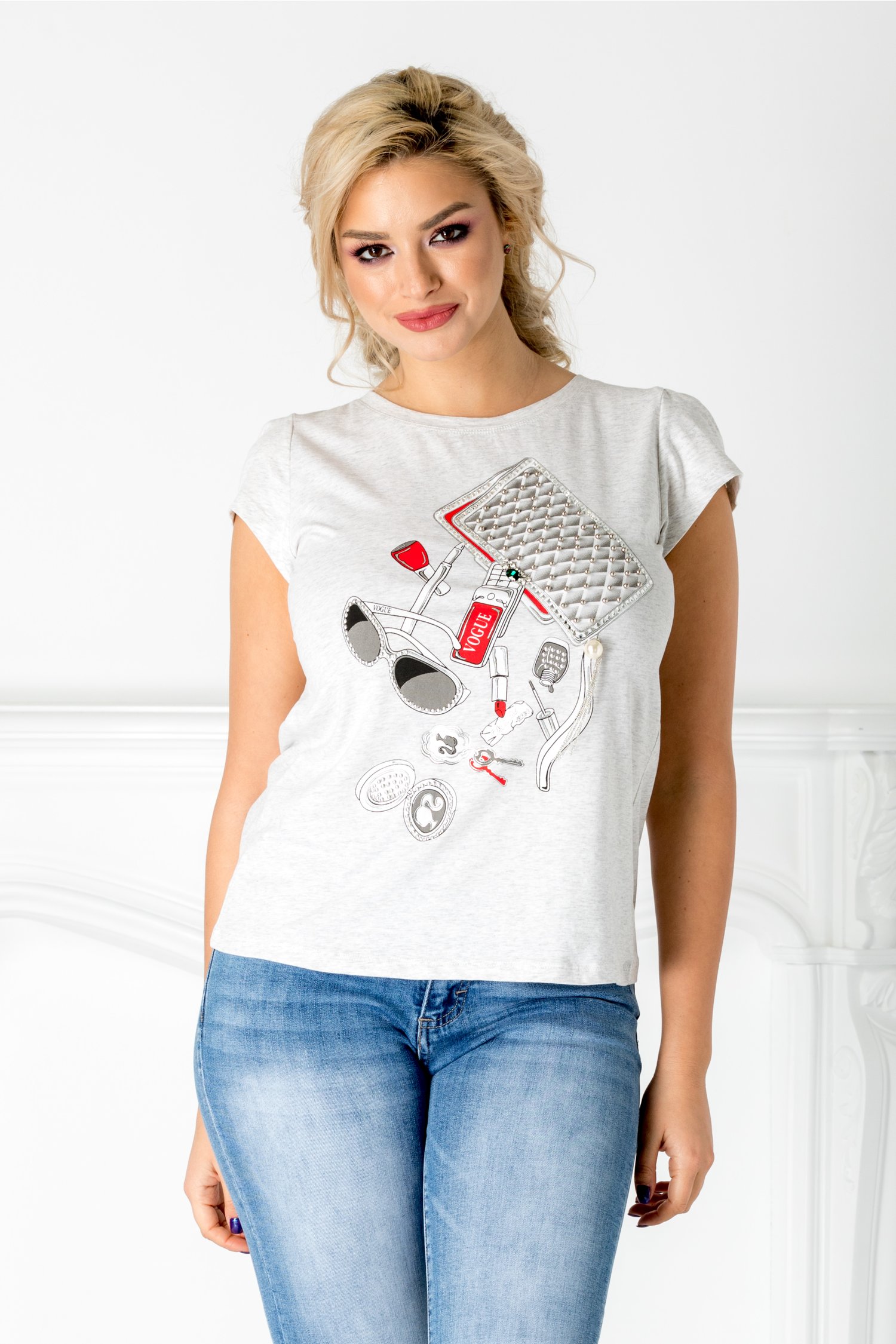 Tricou Vogue gri cu imprimeu fashion si perlute