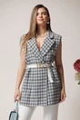 Vesta office din tweed cu carouri negre si curea in talie