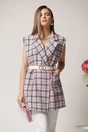 Vesta office din tweed cu carouri roz si curea in talie