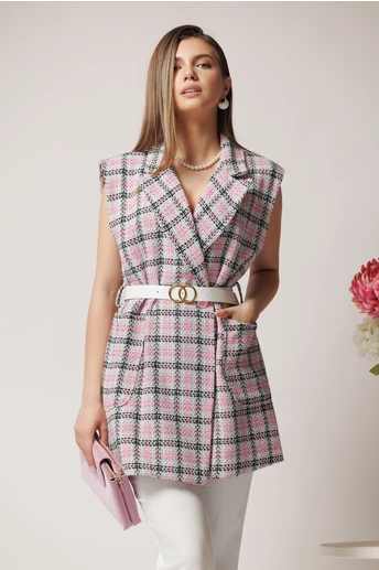 Vesta office din tweed cu carouri roz si curea in talie