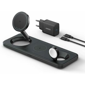 Incarcator wireless pliabil Anker MagGo 3in1 Stand, Qi2, pentru iPhone 15/14/13/12, AirPods, Apple Watch, cu incarcator si cablu USB-C inclus