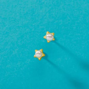 14-каратови златни обеци за деца 3D Star and Pearls