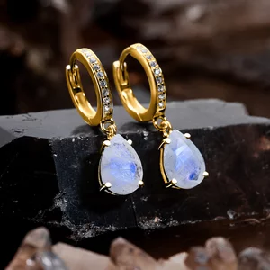 Златни лунни каменни капки сребърни обеци