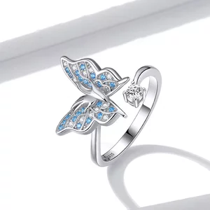 Регулируем сребърен пръстен Синя кристална пеперуда