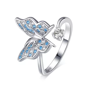 Регулируем сребърен пръстен Синя кристална пеперуда