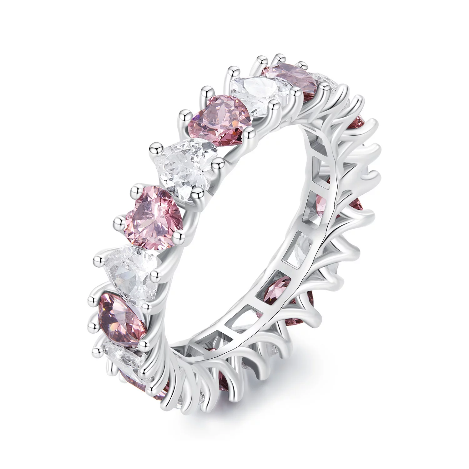 Розови сърца кристали сребърен пръстен