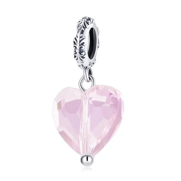 Сребърен талисман розово полупрозрачно сърце