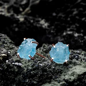 Сребърни обеци Rose Gold Piece of Aquamarine