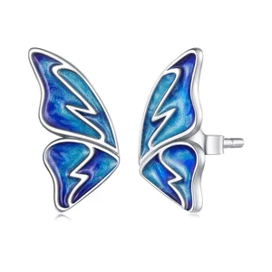 Сребърни обеци със синя пеперуда и емайл