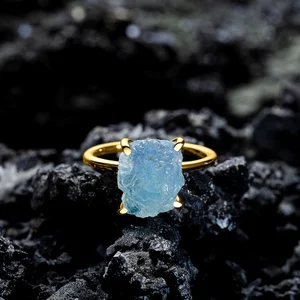 Golden Simple Stone Aquamarine ezüst gyűrű