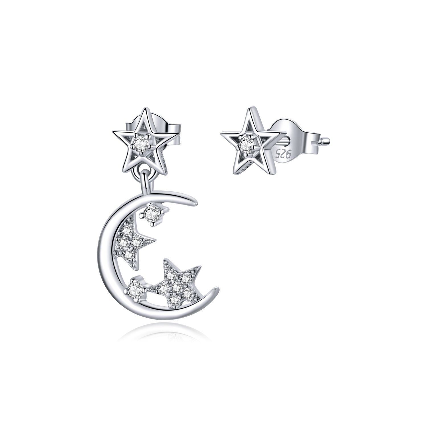 Cercei din argint asymmetric moon & stars