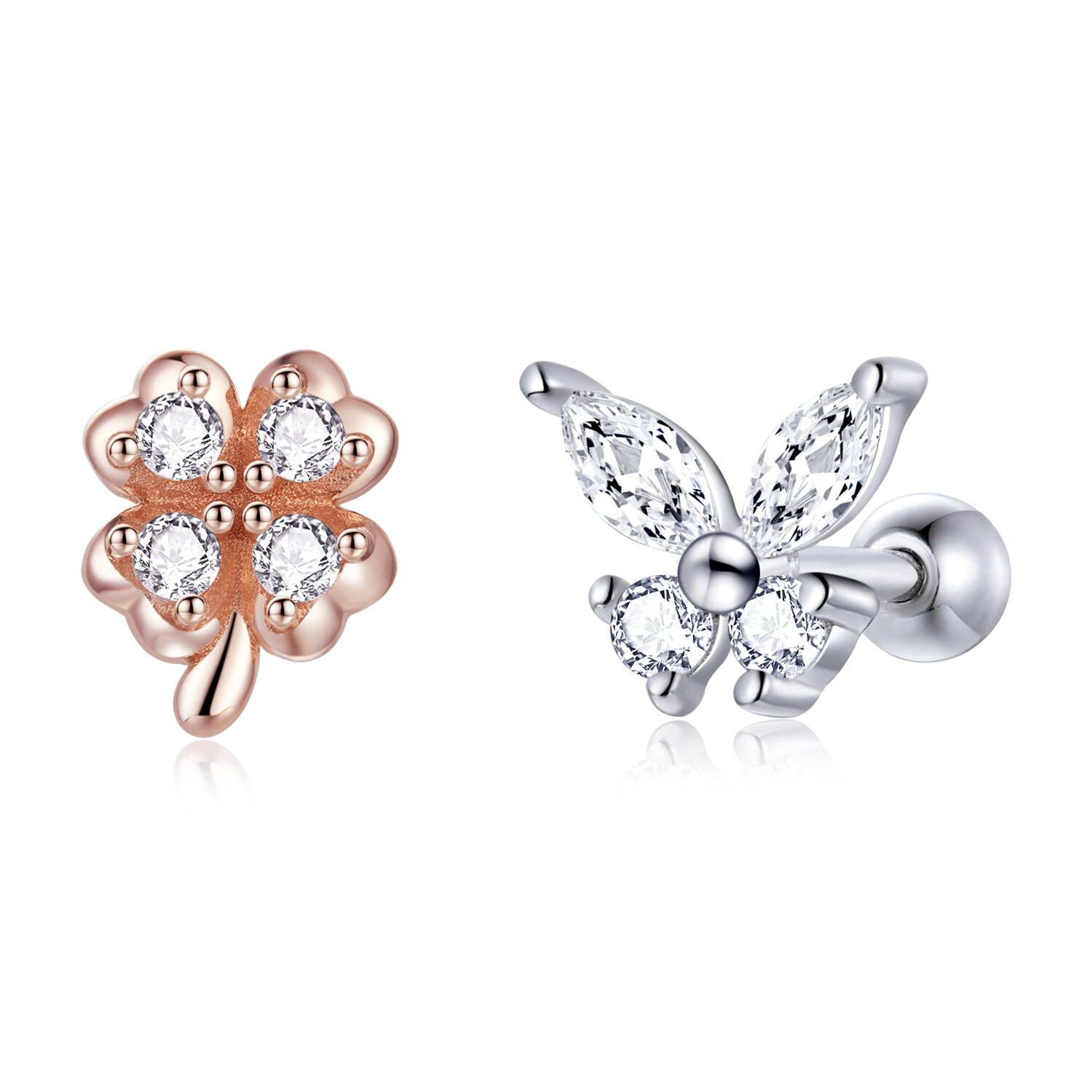 Cercei din argint butterfly and four leaf clover studs