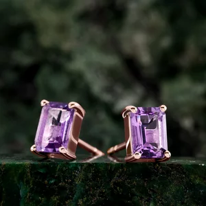 Cercei din argint Rose Gold Rectangle Amethyst Elegance