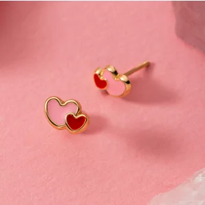 Cercei din aur 14K Double Pink Hearts