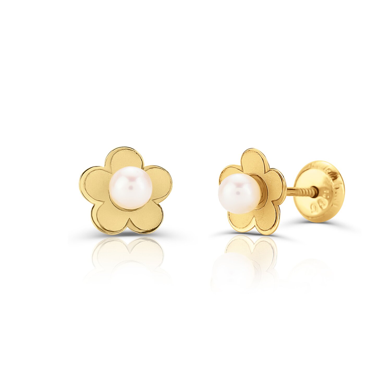 Cercei din aur 14K pentru copii Round Flower and Pearl