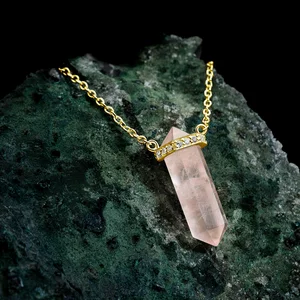 Colier din argint Golden Hexagon Rose Quartz
