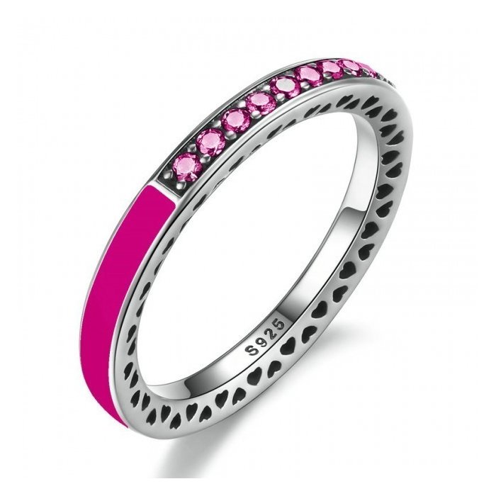 Inel din argint cu inimi decupate si cristale fuchsia