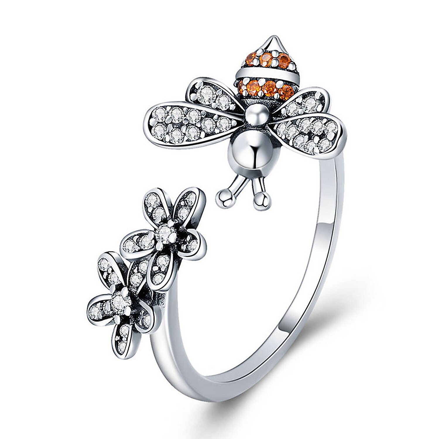 Inel reglabil din argint bee & daisy flowers