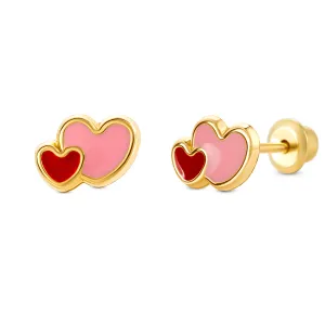 Cercei din aur 14K Double Pink Hearts