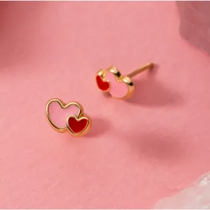 Cercei din aur 14K Double Pink Hearts