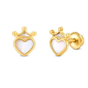 Cercei din aur 14K Mother of Pearl Crowned Hearts