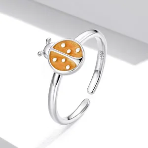 Inel reglabil din argint Enamel Orange Ladybug