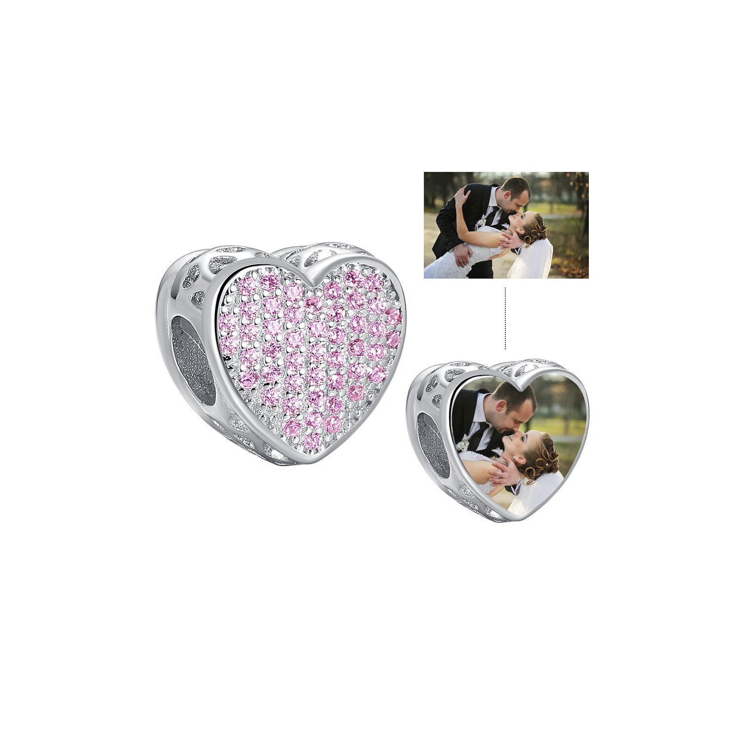 Talisman din argint custom photo pink crystal heart