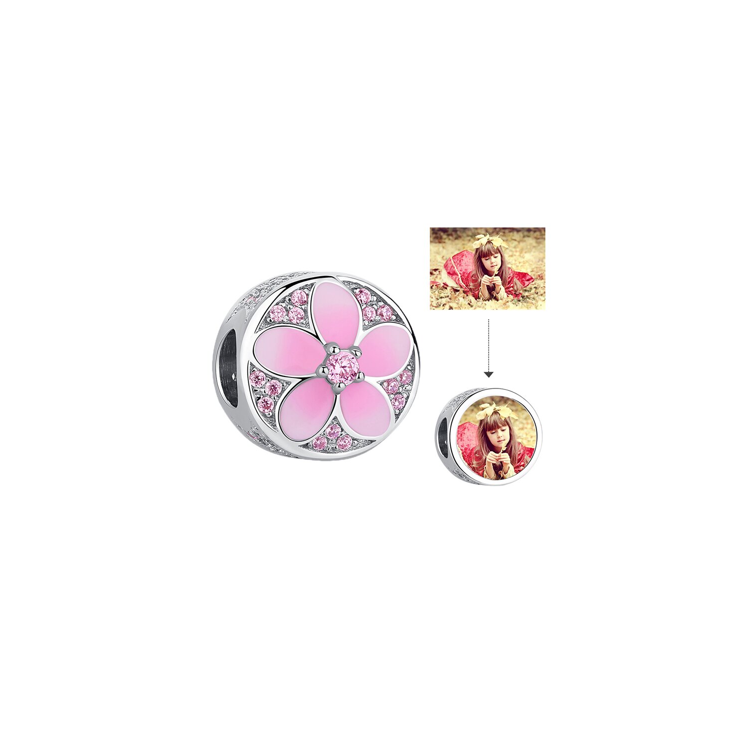 Talisman din argint custom photo pink daisy