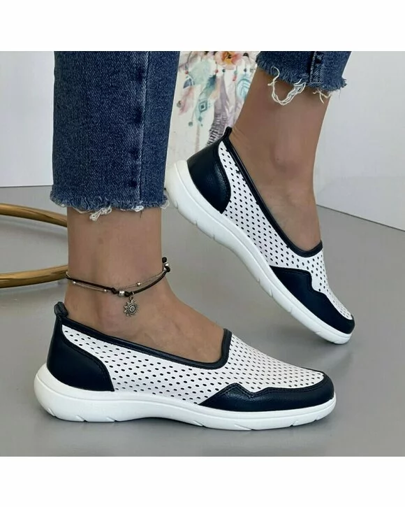 Balerini Piele Naturala Betty2 - Alb + Bleumarin