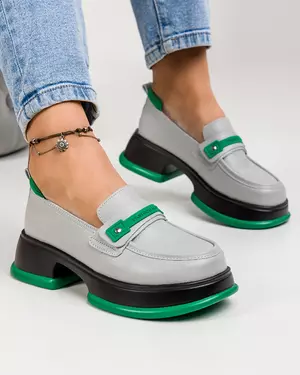 Pantofi casual piele naturala gri cu talpa neagra cu verde JY3110